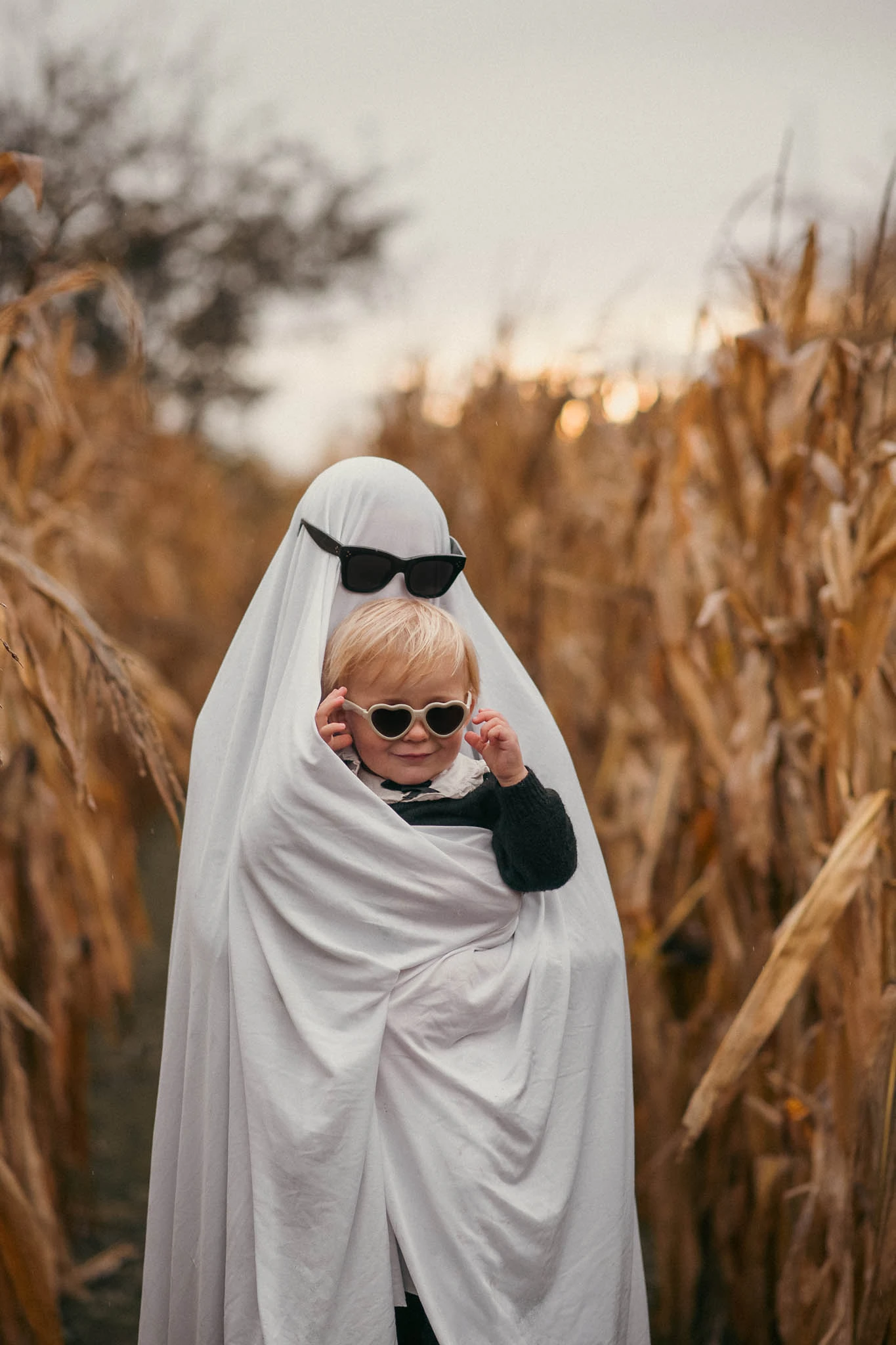 Herbstliches Familienfotoshooting im Maisfeld zum Thema Halloween uns süße Gespensterkostüme